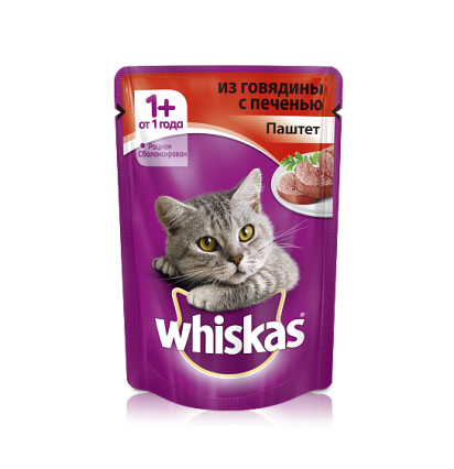 Whiskas для кошек паштет из говядины с печенью 85 гр.